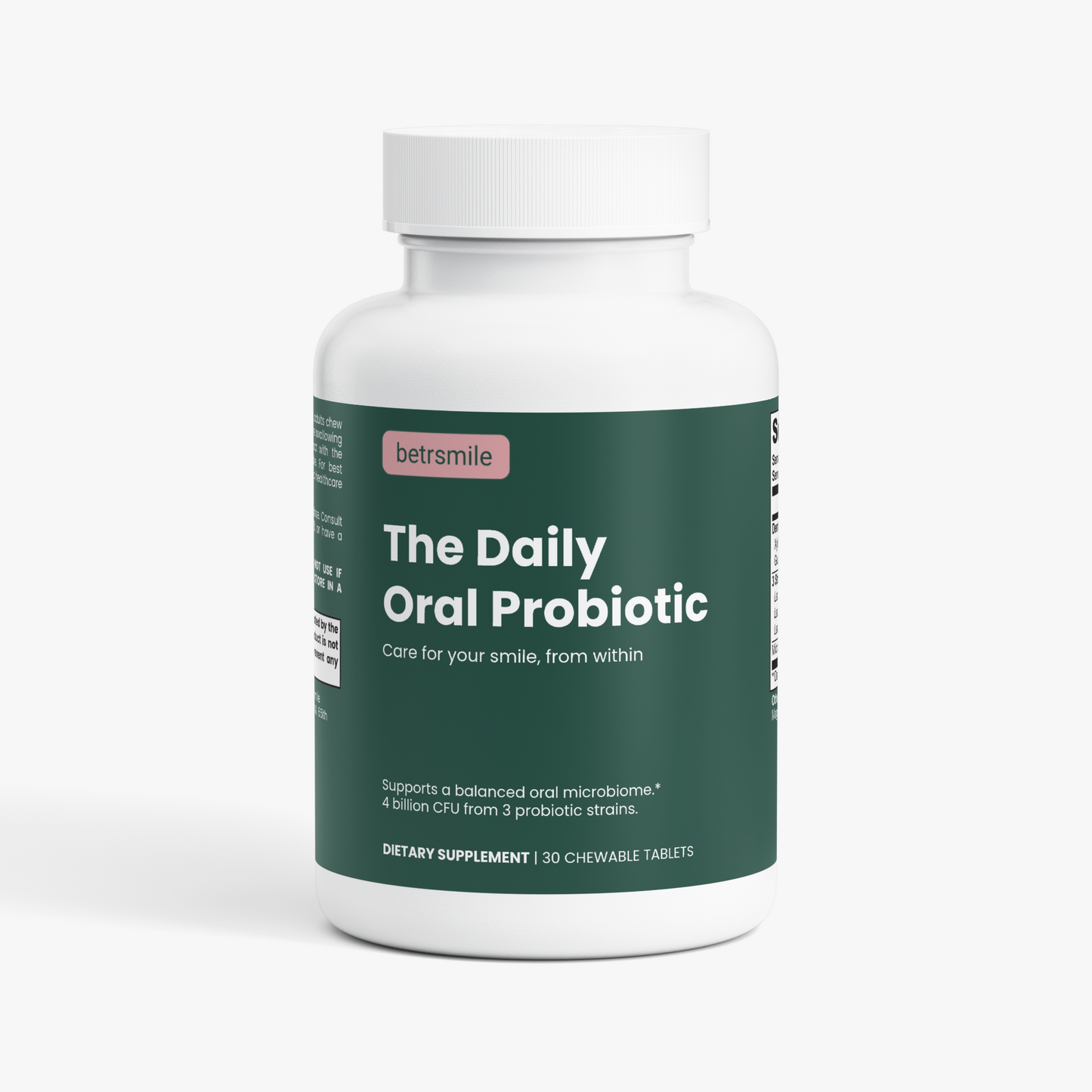 betrsmile The Daily Oral Probiotic bottle, matte white with deep forest green label