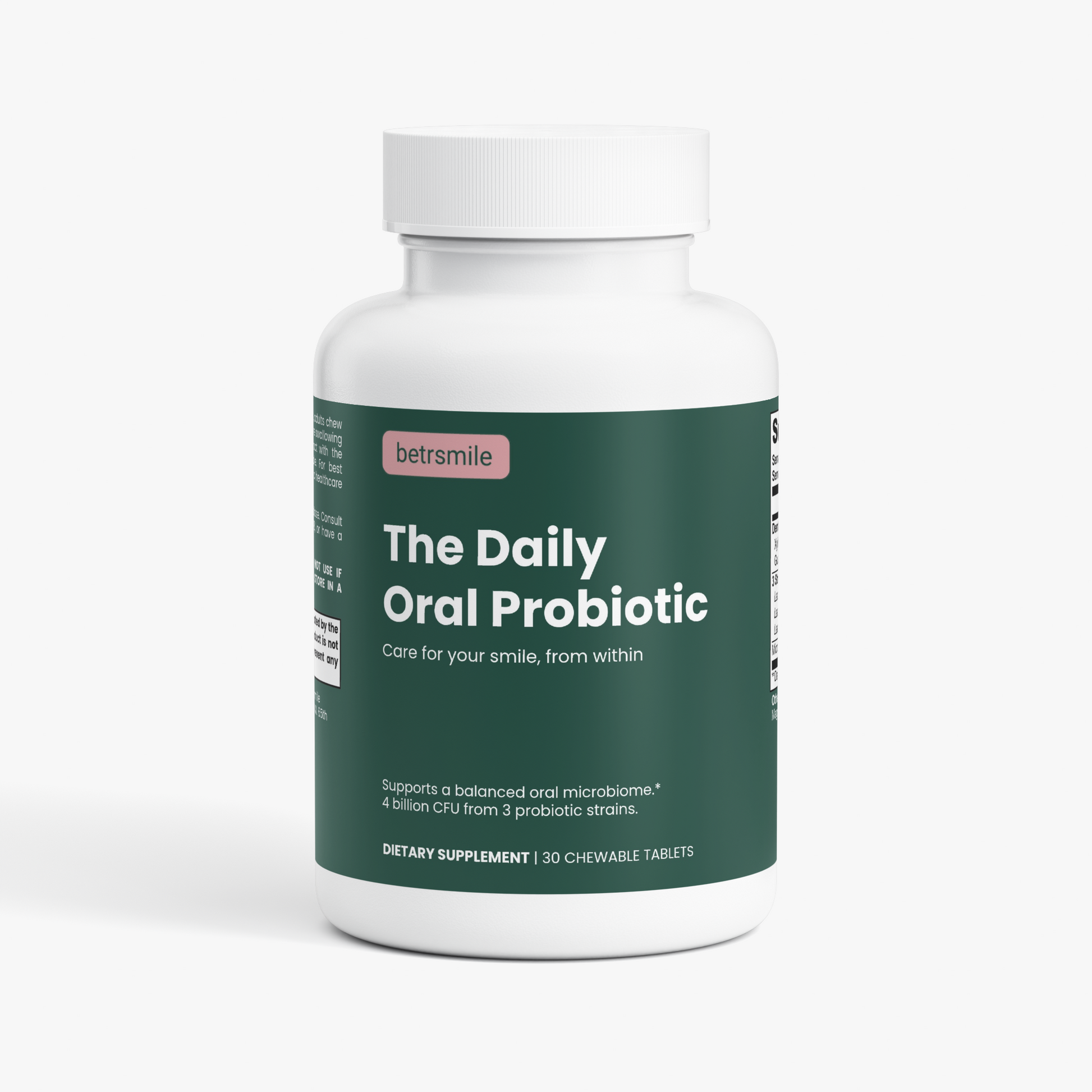 betrsmile The Daily Oral Probiotic bottle, matte white with deep forest green label