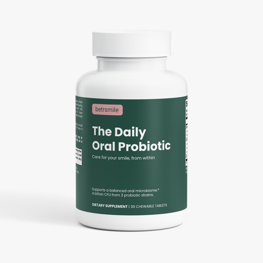 betrsmile The Daily Oral Probiotic bottle, matte white with deep forest green label