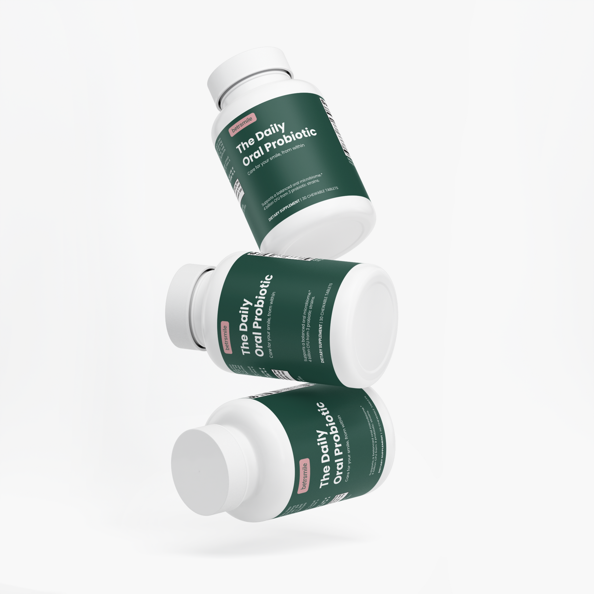 betrsmile The Daily Oral Probiotic bottle, angled view of the forest green wrap label