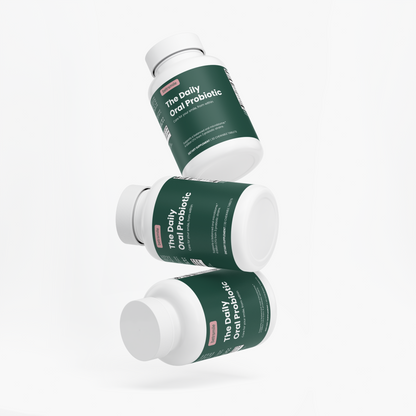 betrsmile The Daily Oral Probiotic bottle, angled view of the forest green wrap label