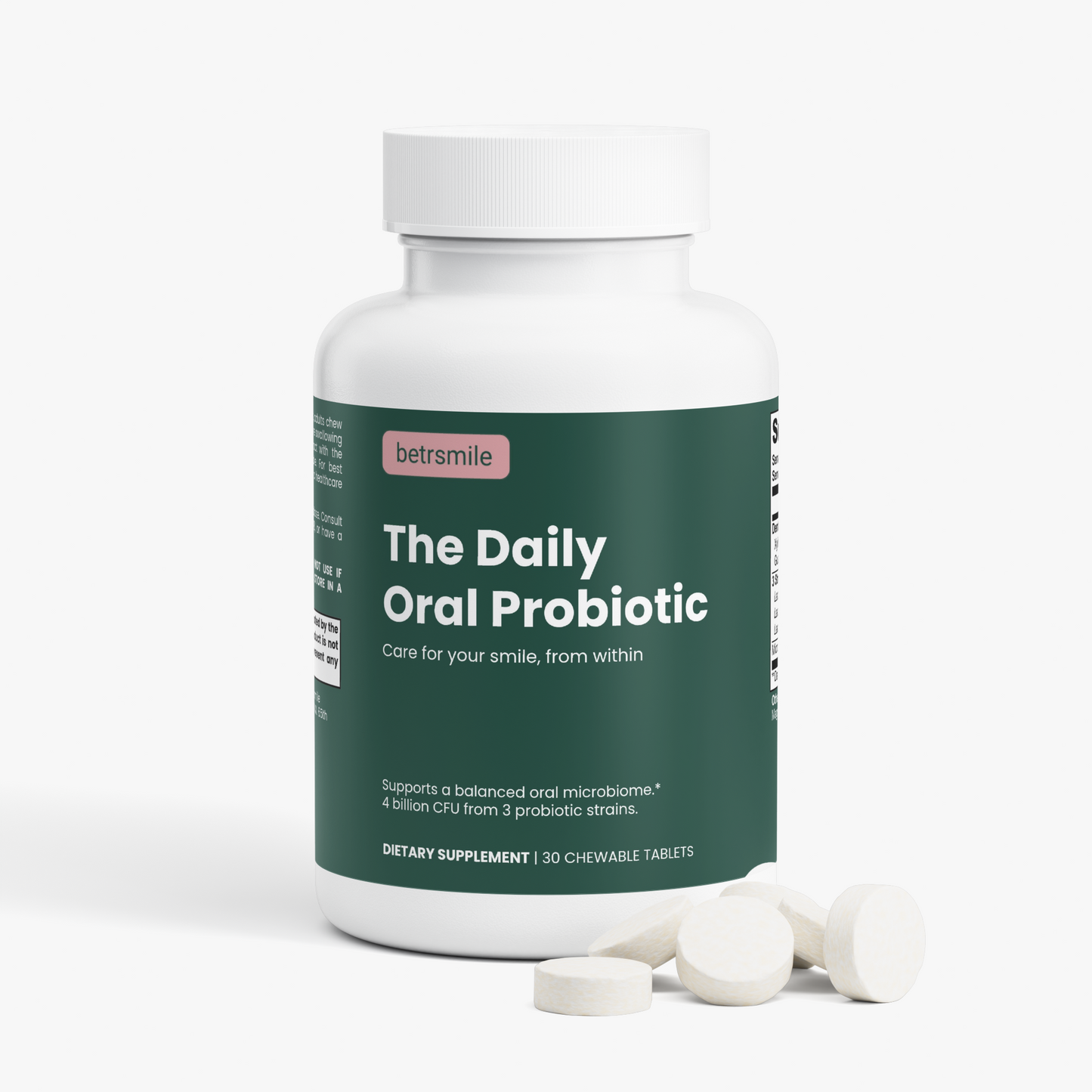 betrsmile The Daily Oral Probiotic, front label detail showing 4 billion CFU from 3 probiotic strains