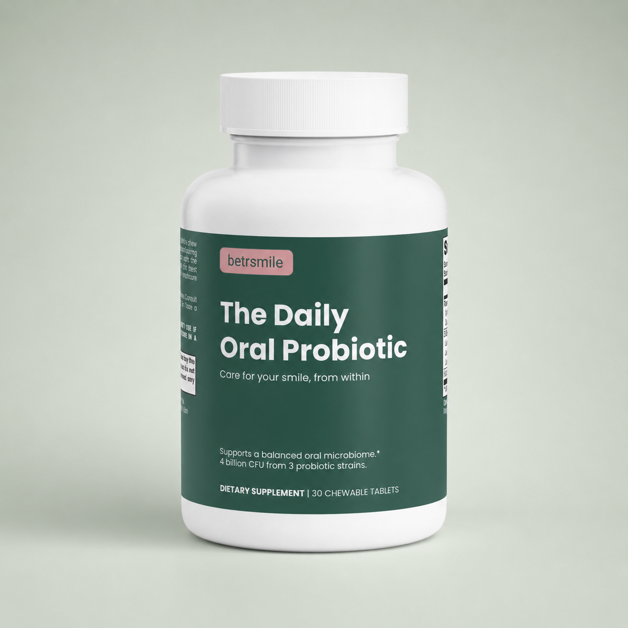 betrsmile The Daily Oral Probiotic bottle on a soft sage background