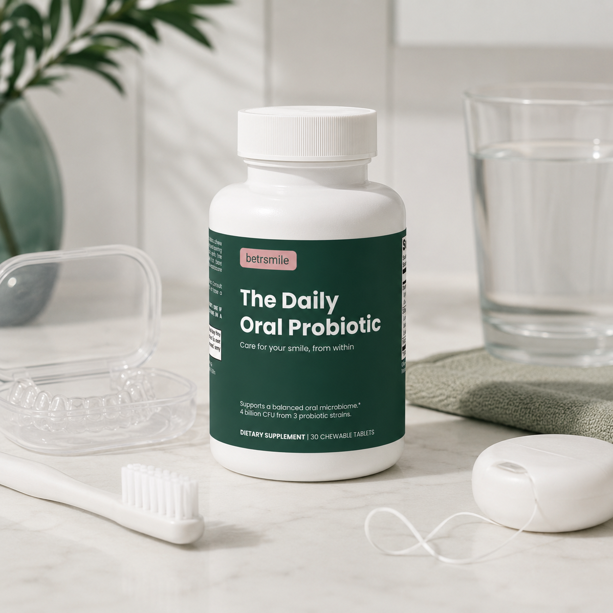 betrsmile The Daily Oral Probiotic on a marble bathroom counter beside a clear aligner case, toothbrush, floss and a glass of water